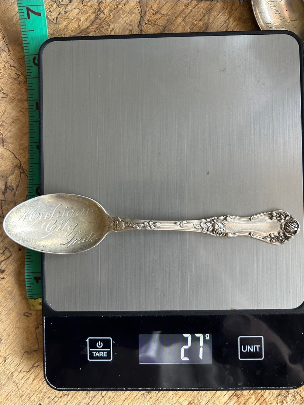 Vintage 27gr Sterling Silver Decorative Serving Spoon - Michigan city Indiana 6”